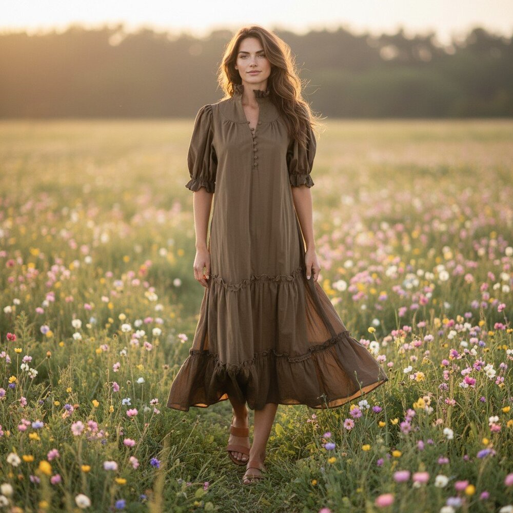 Pomander Place Chestnut Brown Selena Poplin Ruffle Collar Maxi Dress Size L NWT